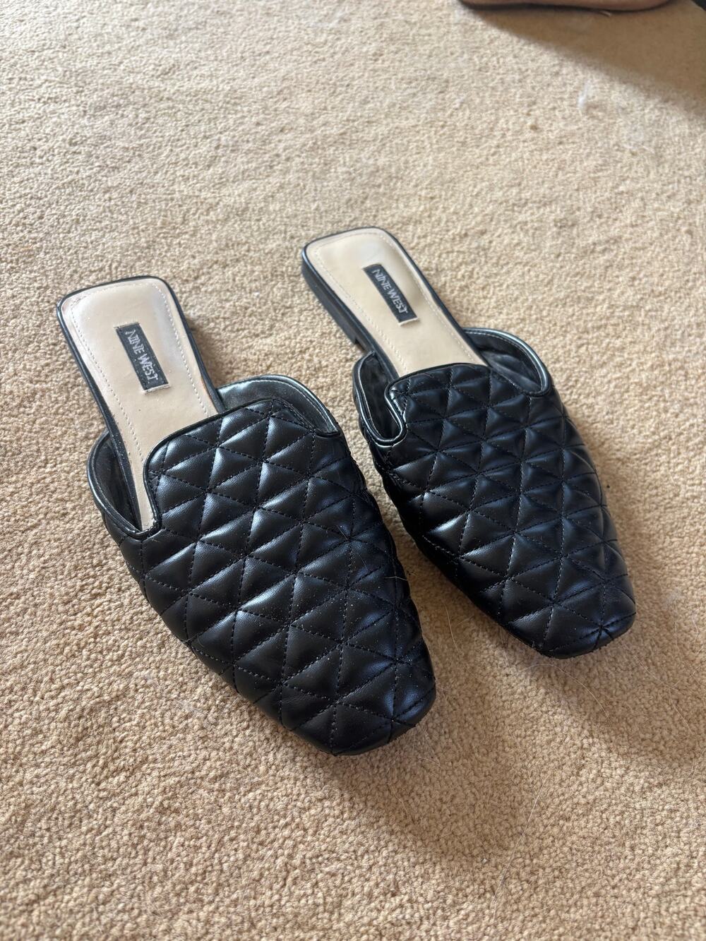 Nine West Black Quilted Square Toe Slide Mules